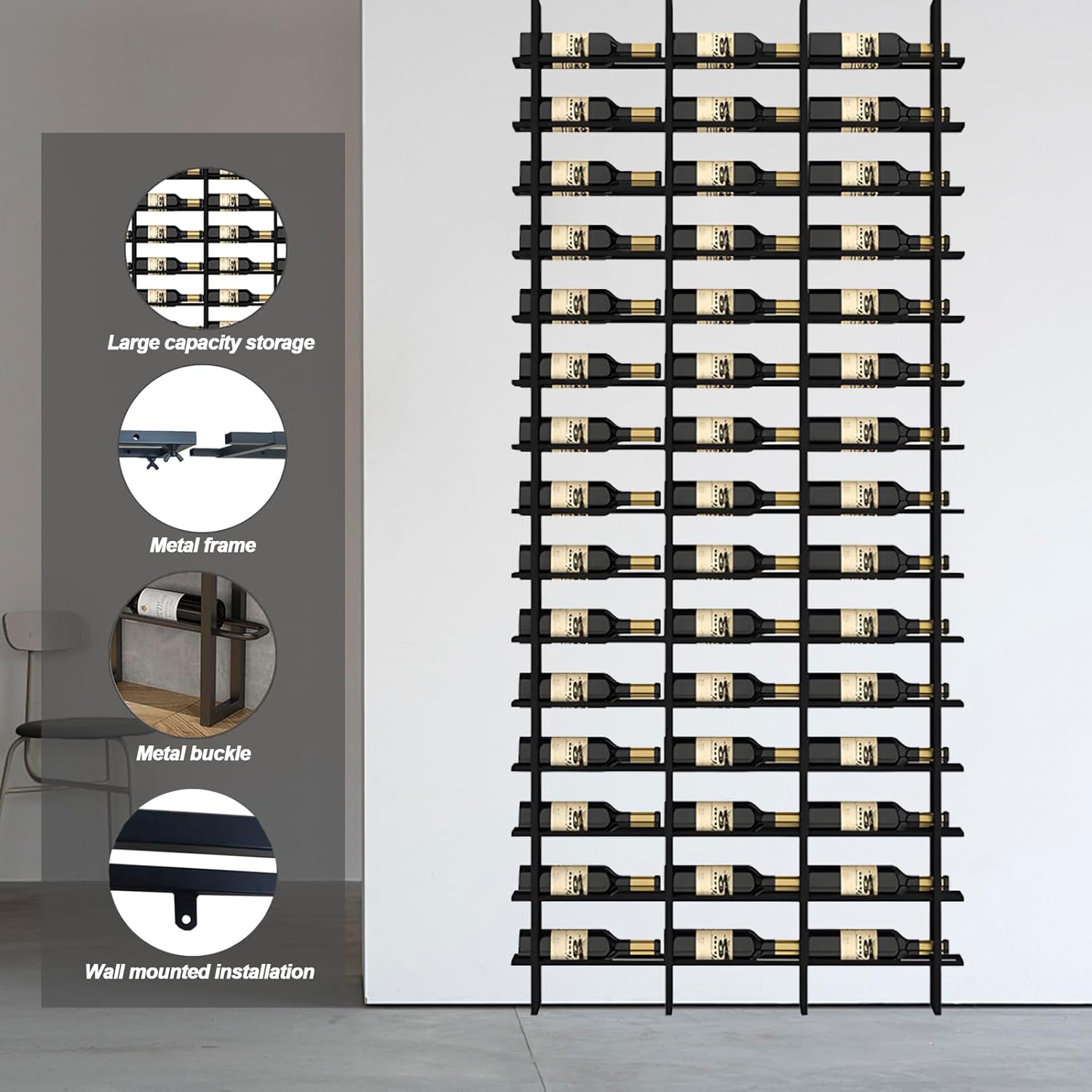 Wine Rack Freestanding Floor, 16 Tier 80 Bottle Capacity Display Holder, Black Industrial Wine Bottle Storage Shelves, for Any Bar, Wine Cellar, Kitchen, Dining Room (Black, 5 Column)