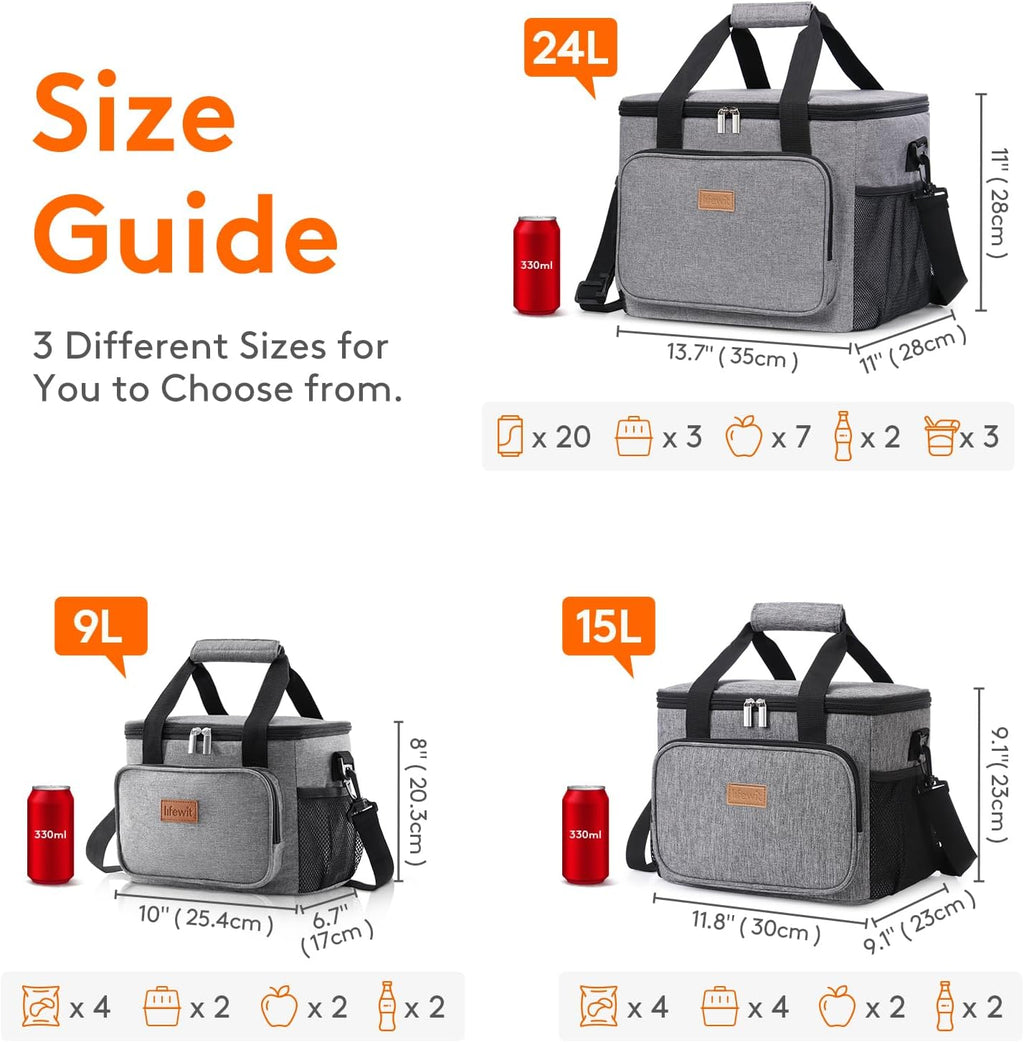 Lifewit Large Lunch Bag Insulated Lunch Box Soft Cooler Cooling Tote for Adult Men Women, Gray 24-Can (15L)