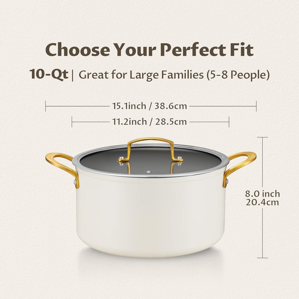 BEZIA 10 Quart Cooking Pot with Ceramic Coating, Non-Stick Stock Pot with Tempered Glass Lid, Large Soup Pot with Stainless Steel Handle, Induction Compatible Stockpot, Dishwasher Safe, Cream