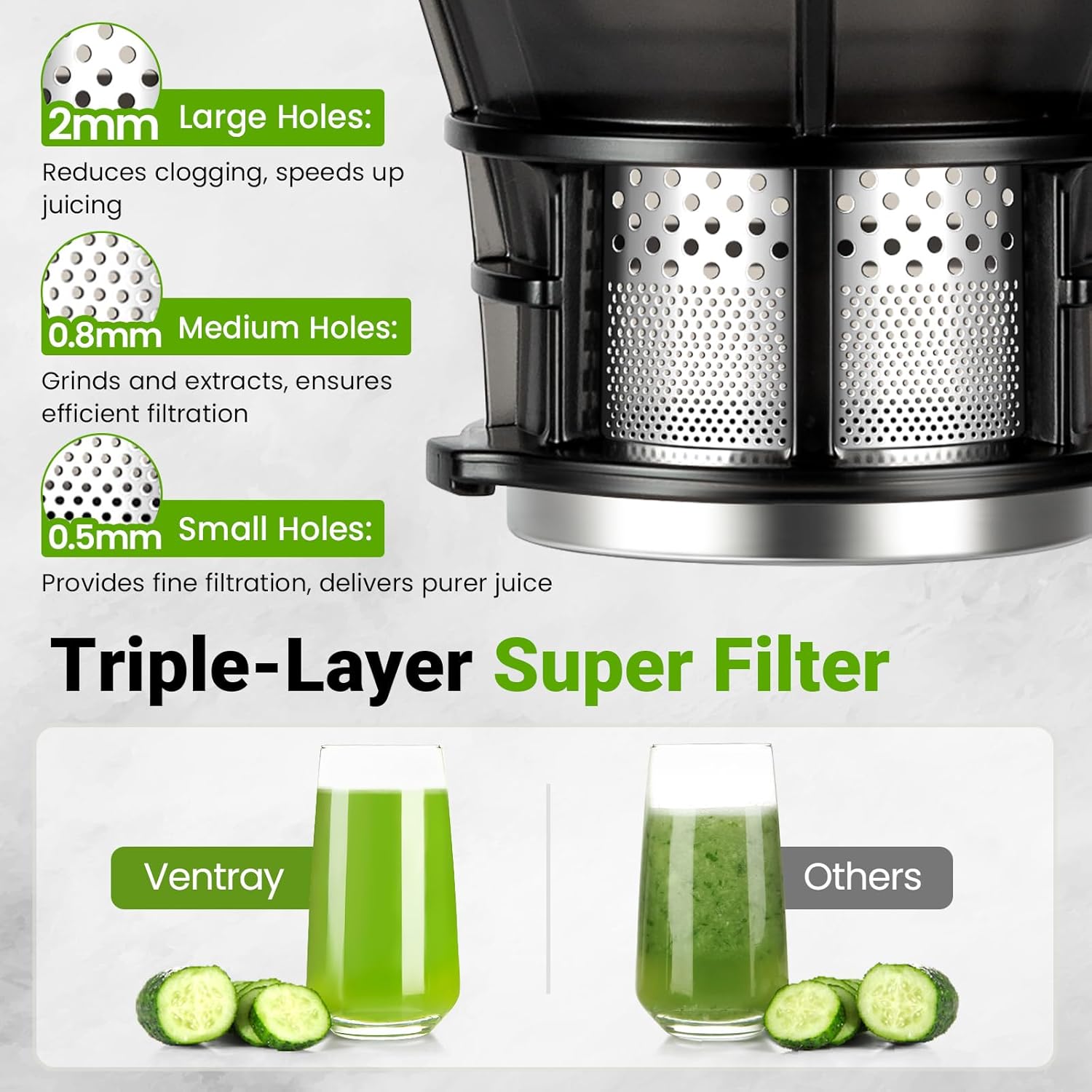 Ventray Cold Press Juicer, 5.1'' Extra Large Feed Chute Slow Masticating Juicer Machine for Whole Vegetables & Fruits, 250w, High Juice Yield, Easy to Clean with Brush, Great for Batch Juicing