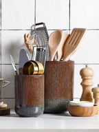 LE TAUCI Utensil Holder, 7.3"+5.4" Ceramic Kitchen Utensil Holder for Countertop, Black Cooking Utensil Crocks for Kitchen Counter, Morden Utensil Organizer for Spatula, Set of 2, Marble Dark Olive