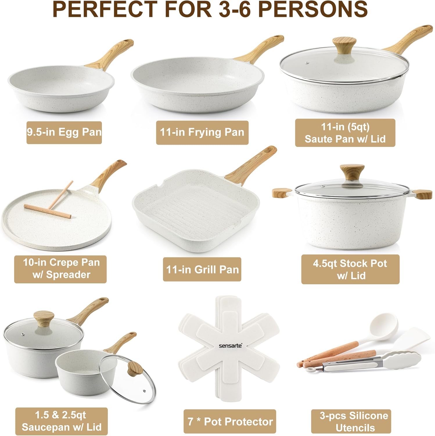 SENSARTE Nonstick Ceramic Cookware Set 23-Piece, Healthy Pots and Pans Set, Non-toxic Kitchen Cooking Set with Stay-Cool Handles, Silicone Utensils and Pot Protectors, PFAS & PFOA Free