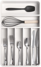 KitchenEdge Silverware Organizer - Cutlery, Flatware, and Utensil Holder for Kitchen Drawers, Fixed 10.5” Width, 7 Storage Compartments, Non-Slip Feet, Rounded Corners, 100% Bamboo, White Finish