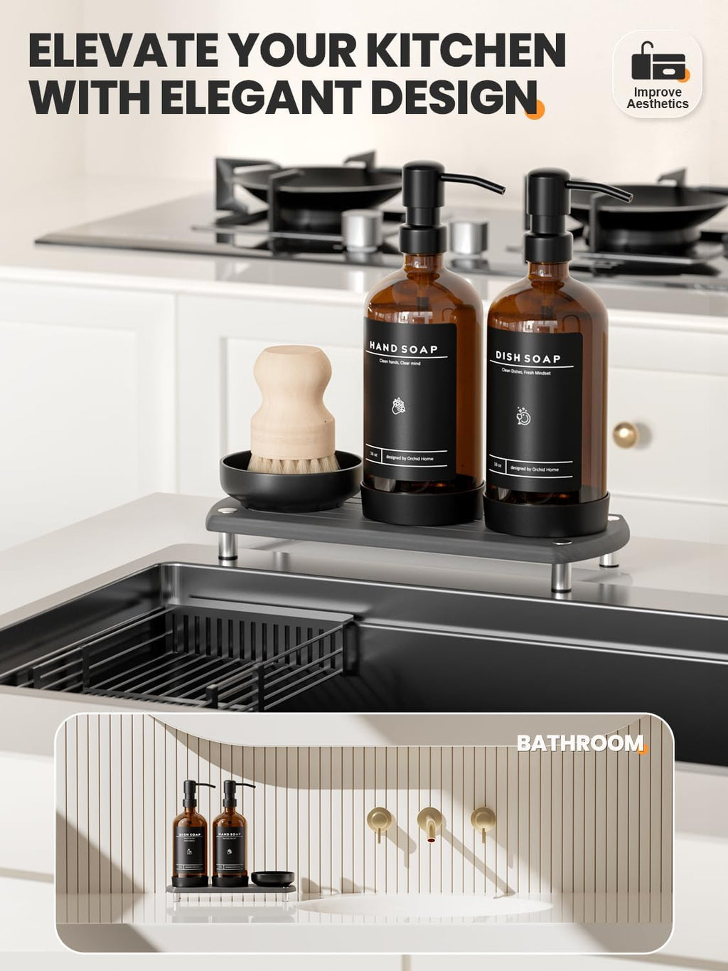 [Luxury] Kitchen Soap Dispenser Set - 16OZ Amber Glass Bottle, Stainless Steel Pump, Instant Dry Tray, Waterproof Labels, Non-Slip Silicone Pad, and Dish Brush | Upgrade for Your Kitchen and Bathroom