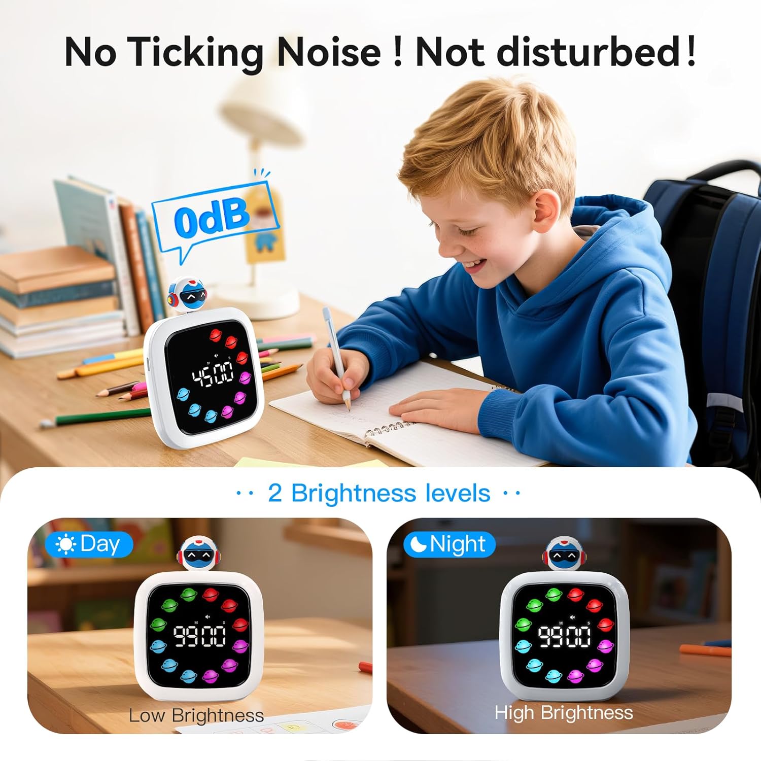 Yunbaoit Digital Visual Timer for Kids, Rechargeable 99-Minute Silent Countdown Timer with 19 Ringtones, 9 Optional DIY Color Planet Display, Time Management Tool with Pause Function (Robot)