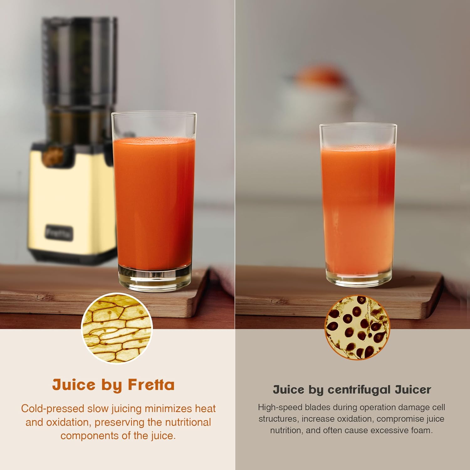 Cold Press Juicer Machines,Fretta 5.3'' Self Feeding Slow Masticating Juicers Fit Whole Fruits & Vegetable Easy Clean Juice Extractor,Tritan Material BPA Free 250W (Yellow)
