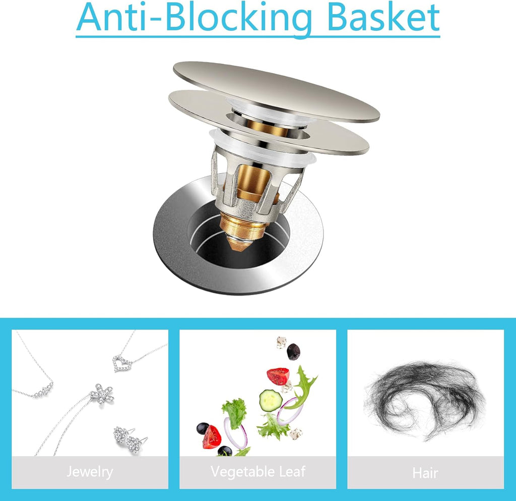 Universal Bathroom Sink Stopper in Brass, 1.04-1.97 Inch Pop Up Basin Sink Drain Stopper, Sink Drain Strainer with Anti Clogging Filter Hair Catcher, Large Lid Brushed Nickel