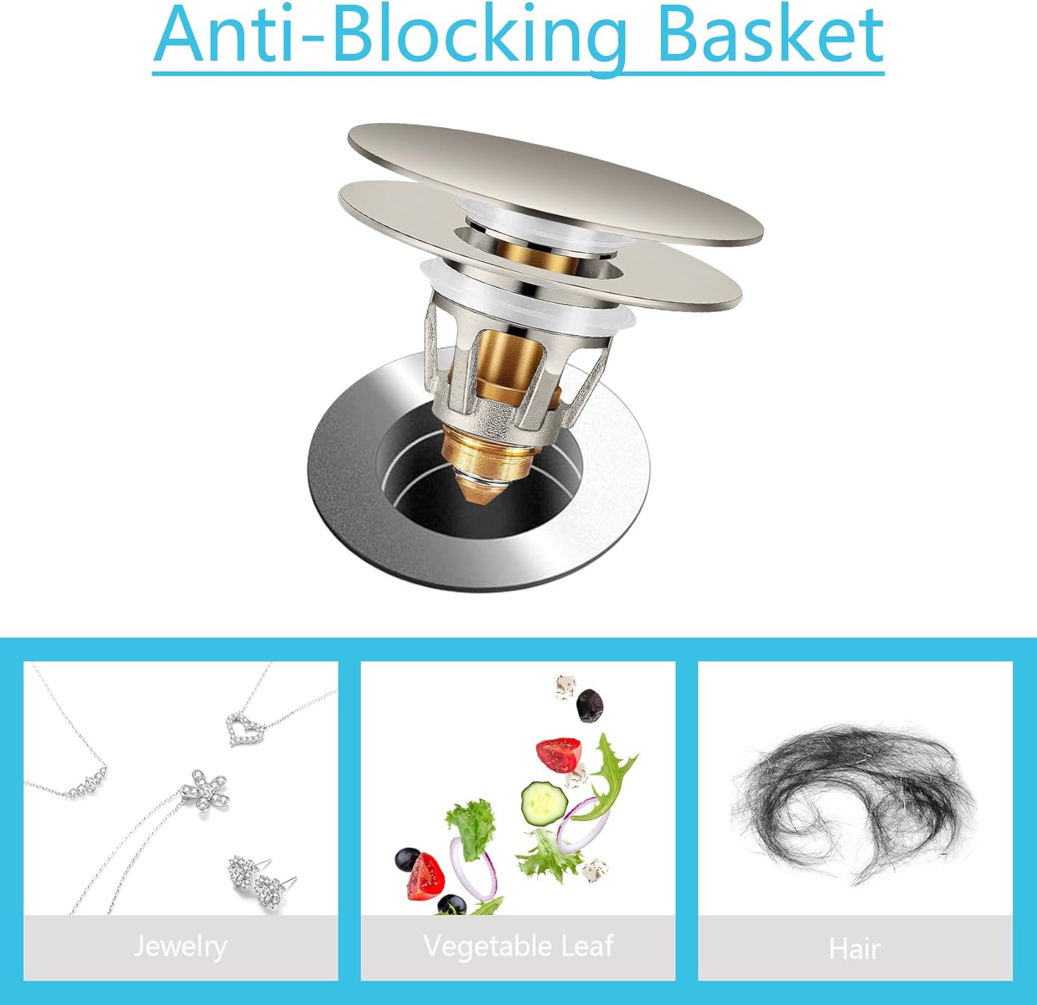 Universal Bathroom Sink Stopper in Brass, 1.04-1.97 Inch Pop Up Basin Sink Drain Stopper, Sink Drain Strainer with Anti Clogging Filter Hair Catcher, Large Lid Brushed Nickel