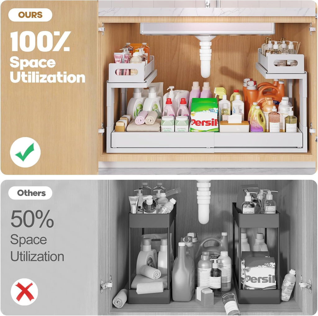 1 Pack-19"-32"W Expandable Under Sink Organizer With Upgrade Ball-Bearing Slide,2-Tier Pull Out Under Cabinet Organizer Height Adjustable,Not Suitable For Cabinets With Partitions In The Middle