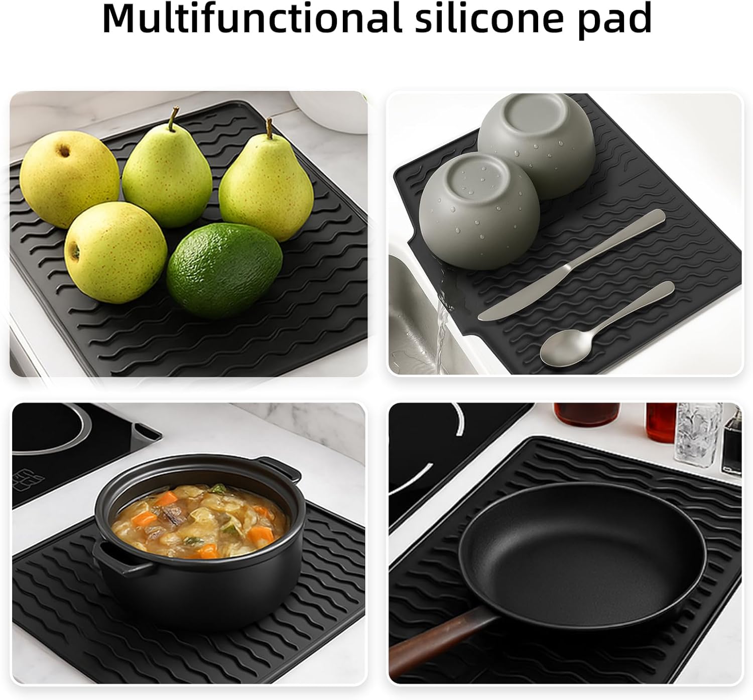 Dish drying mats for kitchen counter, Silicone dish drying mat ,Heat resistant mats for countertop,With drain port ,Stone drying mat for kitchen counter (15.6" x 13", black)