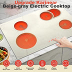 Karinear 30 Inch Electric Cooktop, Beige-gray Glass Electri Cermaic Stove, 4 Burners Electric Stove Top with Expandable Burners, Timer, Child Safety Lock, Pause, 6600W, Drop-in 220V-240V Hardwire