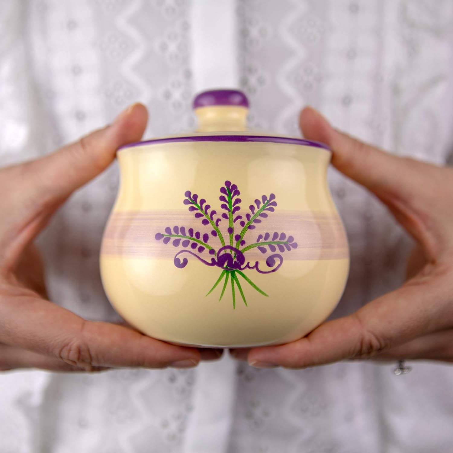 City to Cottage Ceramic Sugar Bowl with Lid, 10oz Sugar Contanier for Coffee Bar, Sugar Dispenser Bowl, Salt - Condiment Pot for Kitchen Counter, Handcrafted Cream Lavender Floral Sugar Jar