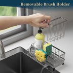 Consuemst Sponge Holder for Kitchen Sink - Auto Draining Sink Caddy Organizer with Detachable Rack, High Brush Holder, Kitchen Countertop Storage Accessories, Silver