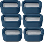 Caraway 6pc Glass Food Storage Set - 2.6 Cup Storage Containers For Food (6) - Non-Toxic Ceramic-Coated Glass - Air Release Technology - Compact & Stackable Design - Navy