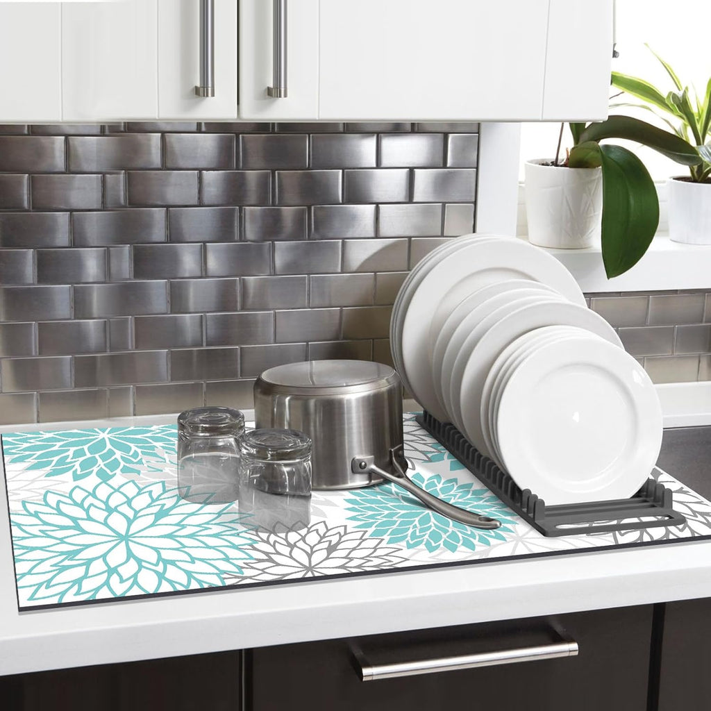 Findosom 2PCS 12" x 20" Dish Drying Mat & 24" x 5.5" Sink Splash Guard, Super Absorbent & Cuttable Dish Mat Drying Kitchen Mat with Teal Floral, Hide Stain Drying Mat for Kitchen Counter