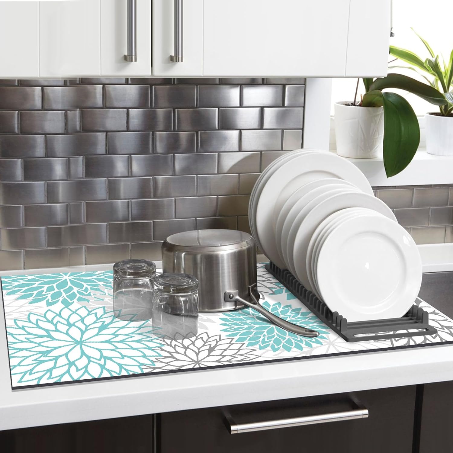 Findosom 2PCS 17" x 32" Dish Drying Mat & 24" x 5.5" Sink Splash Guard, Super Absorbent & Cuttable Dish Mat Drying Kitchen Mat with Teal Floral, Hide Stain Drying Mat for Kitchen Counter