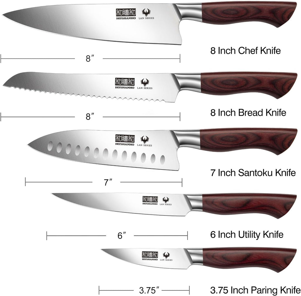 HOSHANHO 5-Piece Japanese Style Kitchen Knife Set,Professional Ultra Sharp High-Carbon Stainless Steel Chefs Knives with Ergonomic Wood Handle,Elegant Box Packaging