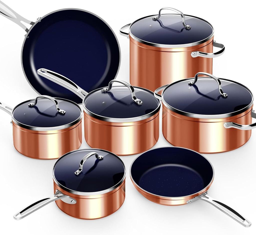 Nuwave 12pc Healthy Pots and Pan Set Non-Stick, Forged Lightweight Cookware Set, G10 Duralon Ceramic Coating, Vented Tempered Glass Lids, Induction-Ready & Works on All Cooktops, PFAS Free