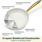 Pots and Pans Set Non Stick, 7 Piece White Granite Induction Cookware Set, Nonstick Kitchen Cooking Set with Gold Handle and Utensil, Oven Safe (PFOS, PFOA Free)