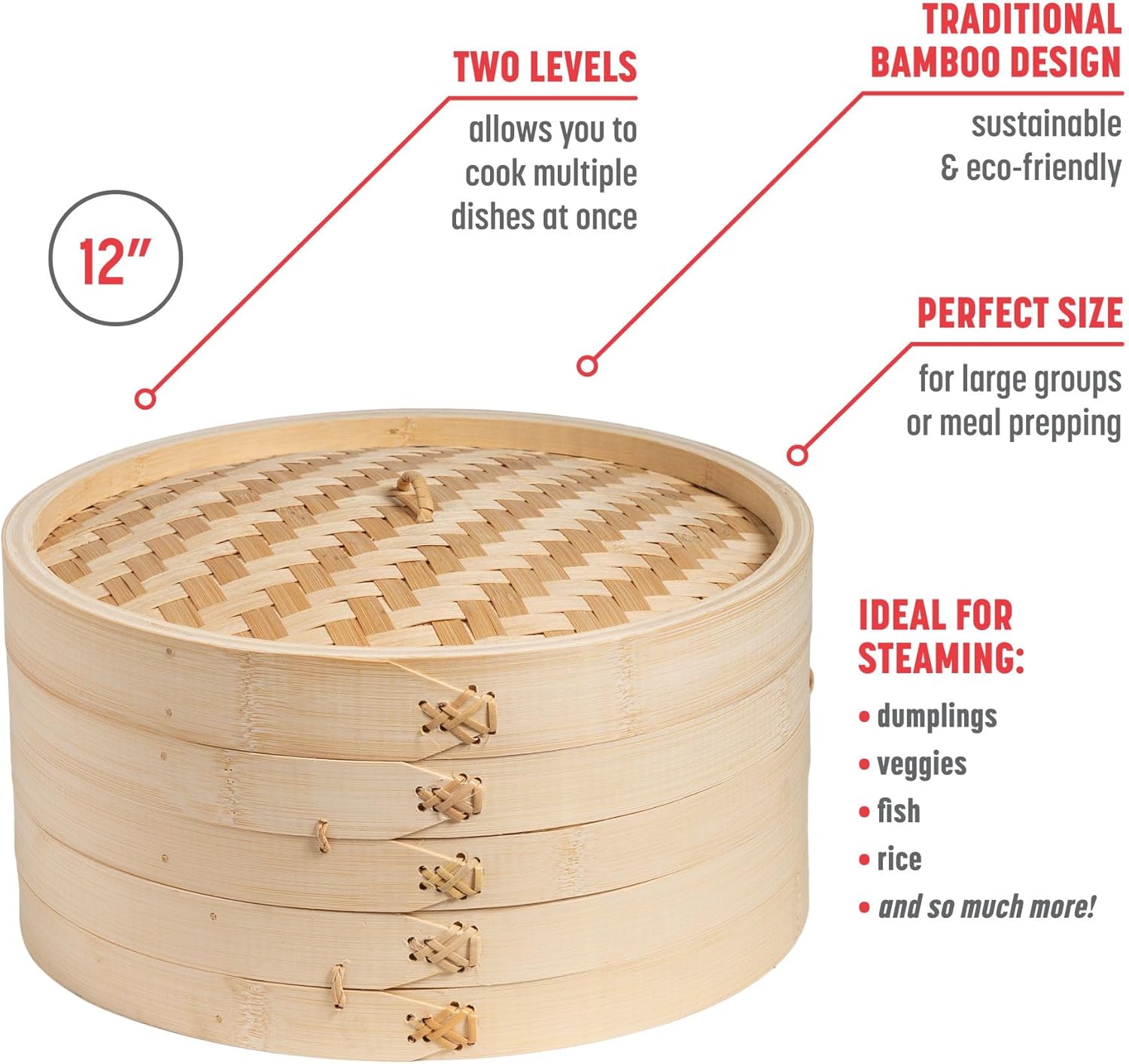 Joyce Chen 2-Tier Bamboo Steamer Baskets, 12-Inch