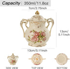 YOLIFE Ceramic Sugar and Creamer Set, Vintage Porlcelain Pitcher Creamer Sugar Bowl with Lid, Pink Rose Floarl Golden Leaves Edge