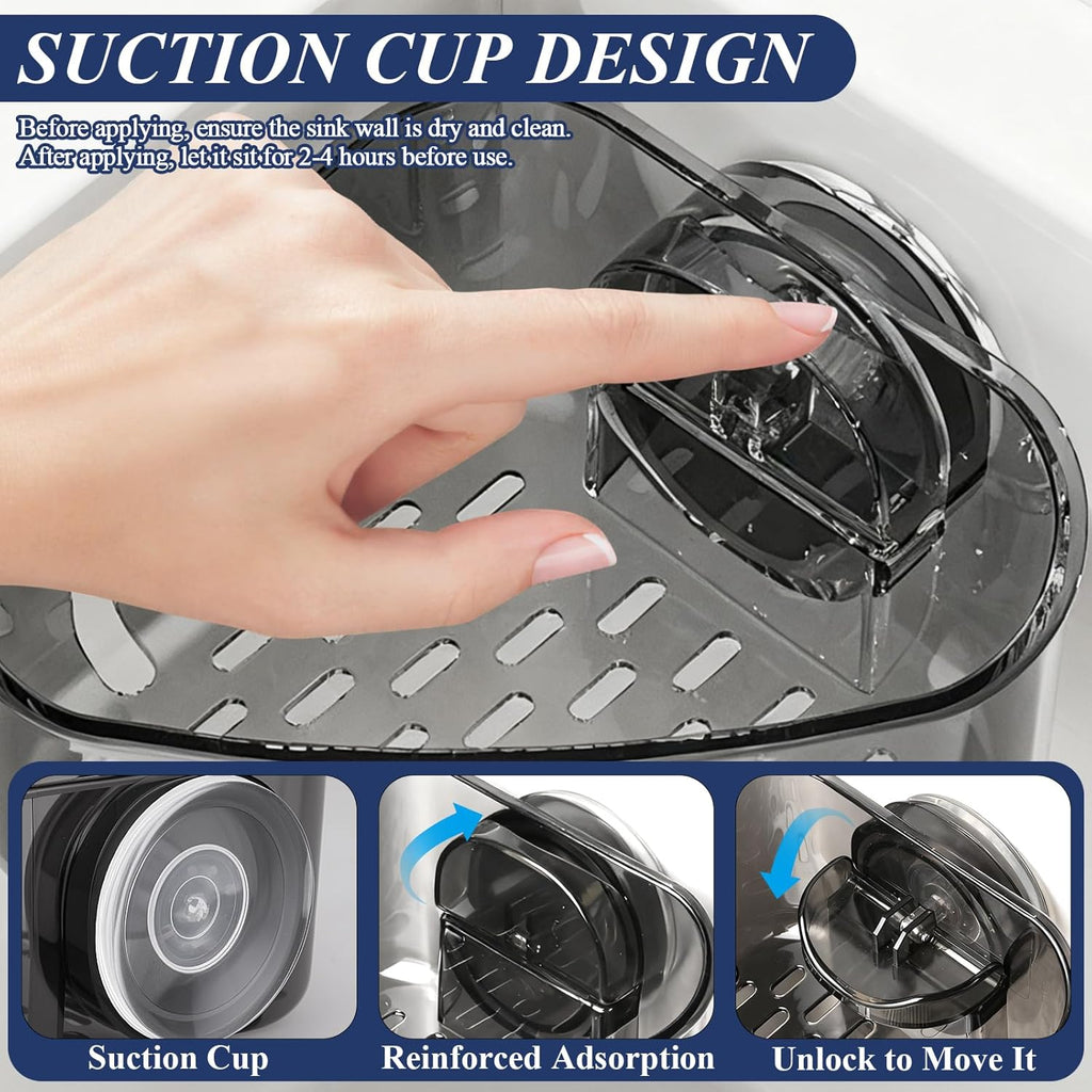 Sink Strainer Basket, Triangle Suction Cup Sink Corner Rack, New Upgraded Corner Sink Strainer with Drainage Hole, Punch-Free Corner Sink Trash Catcher for Kitchen and Bathroom (Black)