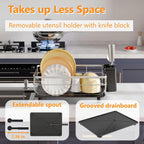 Stainless Steel Dish Drying Rack with Drainboard Dish Drainers for Kitchen Counter Extendable Spout Strainers with Utensil Holder and Knife Slots, Black