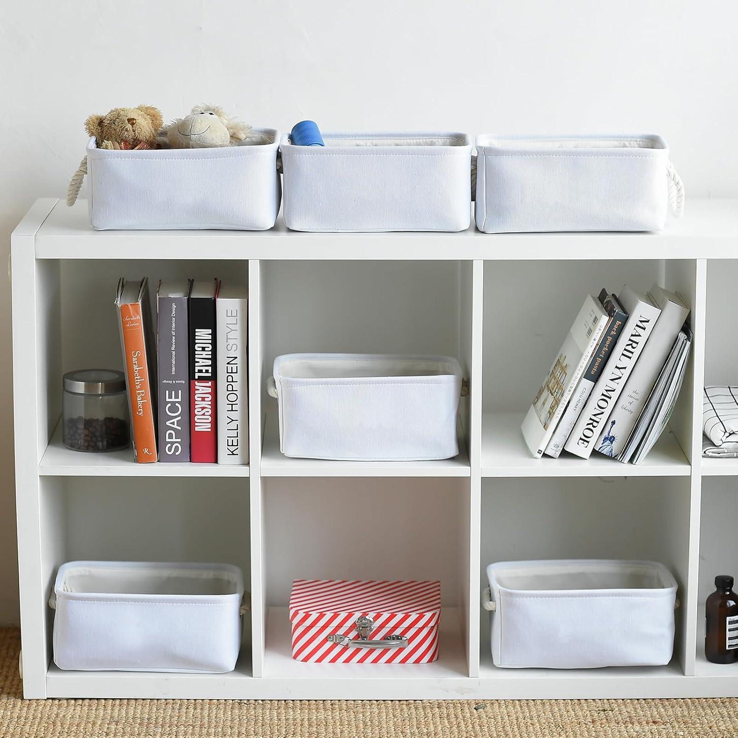 TheWarmHome Storage Basket for Organizing - Small 6 Pack 11.8x7.8x5.2 inch Gifts for Empty with Rope, Fabric Storage Cubes for Decorative Cloth Dog Livehome (White)