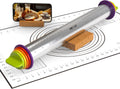 Stainless Steel Rolling Pin with Thickness Rings and Pastry Baking Mat, 13.6" Adjustable Rolling Pin Dough Roller for Baking Cookie Pizza, Comes with Large Silicone Pastry Mat and Wooden Stand