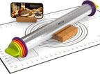 Stainless Steel Rolling Pin with Thickness Rings and Pastry Baking Mat, 13.6" Adjustable Rolling Pin Dough Roller for Baking Cookie Pizza, Comes with Large Silicone Pastry Mat and Wooden Stand