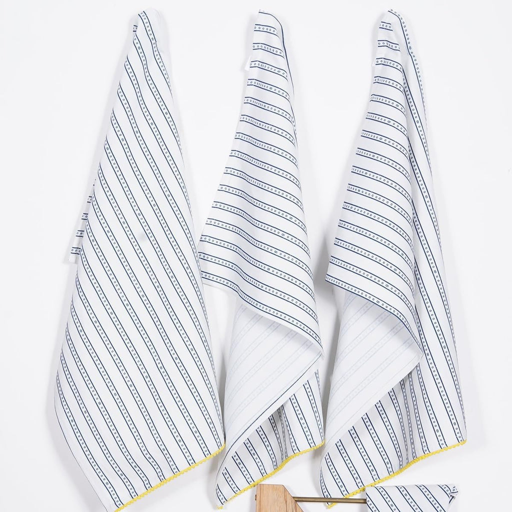 Printed Kitchen Dish Bar and Tea Towels Cotton, 18x28 inch with Trims, Cotton Dish Towel Sets (Blue Stripes, Set of 6)