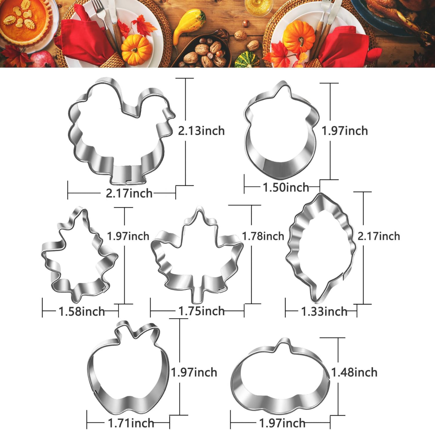 Mini Autumn Cookie Cutter Set-7 Piece-2.0 Inch-Diswasher Safe-Mini Autumn Leaf, Apple, Pumkin, Acorn, Maple, Turkey-Mini Baking Pie Crust Cutter for Thanksgiving