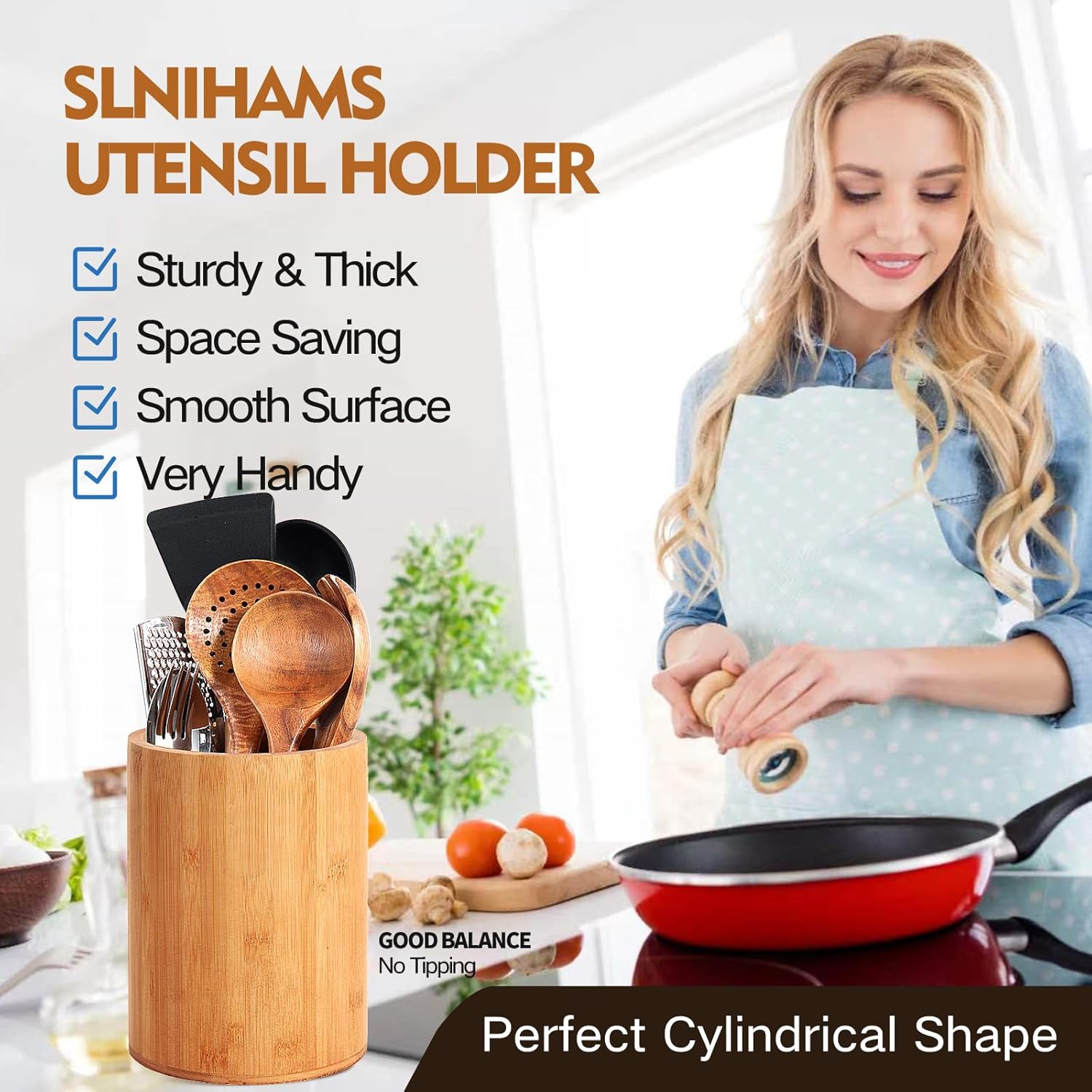 Bamboo Utensil Holder, Large Utensil Holders for Kitchen Counter, Bamboo Spoon and Chopstick Holder for Kitchen Decor, Flatware and Spatula Storage Organizer, for Countertop, Pantry and Bathroom