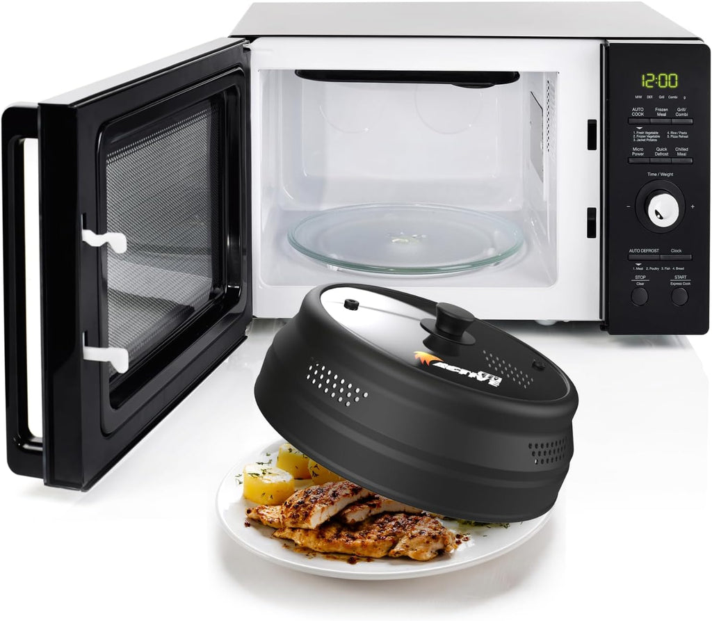 Collapsible Microwave Cover for Food - Silicone and Glass Splatter Guard Lid for 6-12 inch Plates & Bowls, Dishwasher Safe, Heat Resistant, BPA-Free, Black