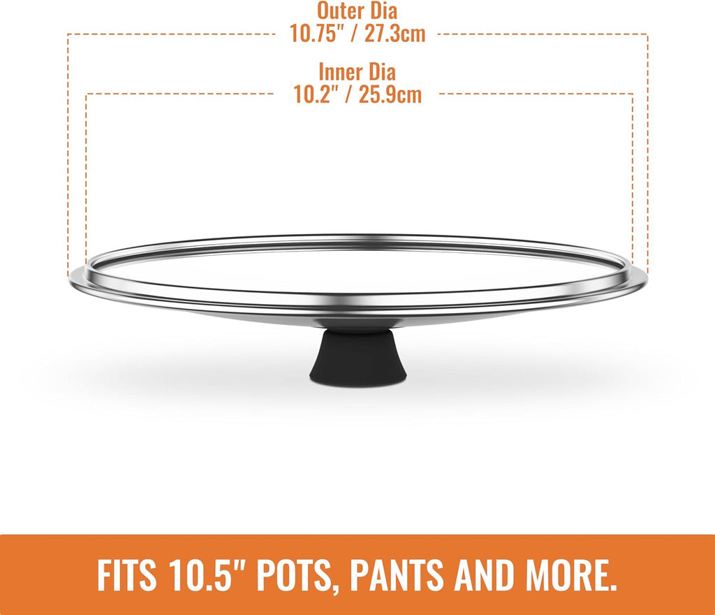 Tempered Glass Lids for Pots and Pans, Cast Iron Skillet Lid 10.5 Inch, Frying Pan Lid, Replacement Pan Cover, Wok, Crock Pot Lid with Wide Stainless Steel Rim, Heat Resistant Cookware Pan Lids