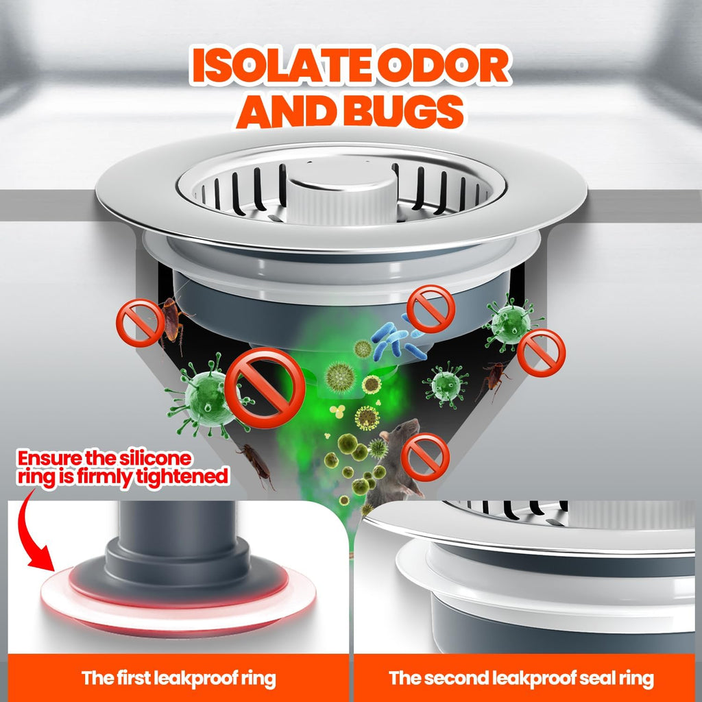 Kitchen Sink Drain Strainer & Sink Stopper, Upgraded 3 in 1 Stainless Steel Drain Plug Combo with Anti-Clog Basket, Pop Up Drain Cover for Standard 3-1/2'', Fits Double Bowl Kitchen Sinks