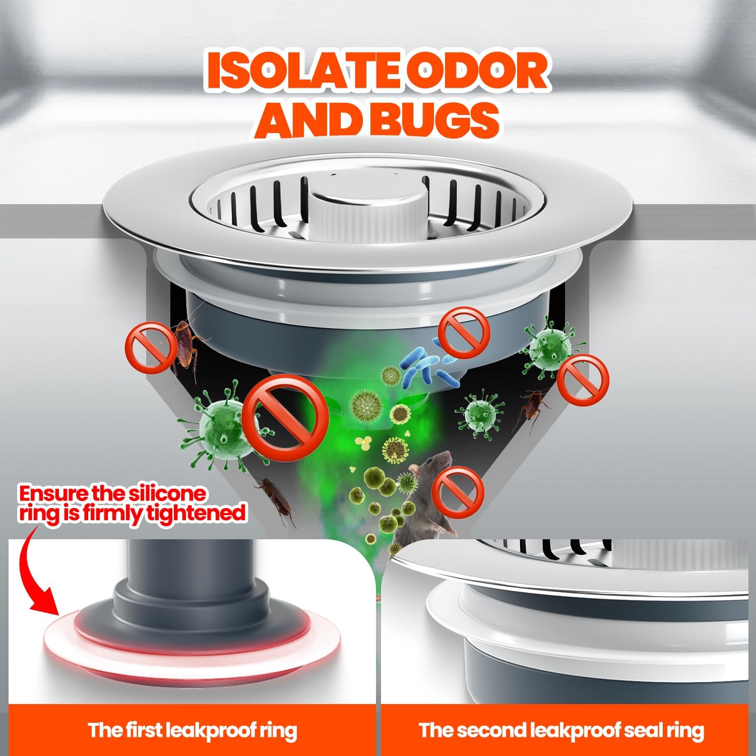 Kitchen Sink Drain Strainer & Sink Stopper, Upgraded 3 in 1 Stainless Steel Drain Plug Combo with Anti-Clog Basket, Pop Up Drain Cover for Standard 3-1/2'', Fits Double Bowl Kitchen Sinks