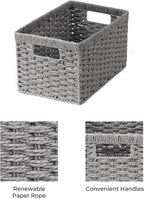 StorageWorks Round Paper Rope Storage Baskets, Rectangular Wicker Baskets with Built-in Handles, Gray, 2-Pack
