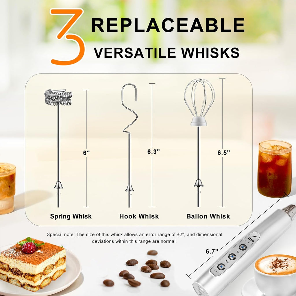 YUSWKO Rechargeable Milk Frother Handheld with 3 Heads, Silver Coffee Electric Whisk Drink Foam Mixer, Mini Hand Stirrer with 3 Speeds Adjustable for Latte, Cappuccino, Hot Chocolate, Egg