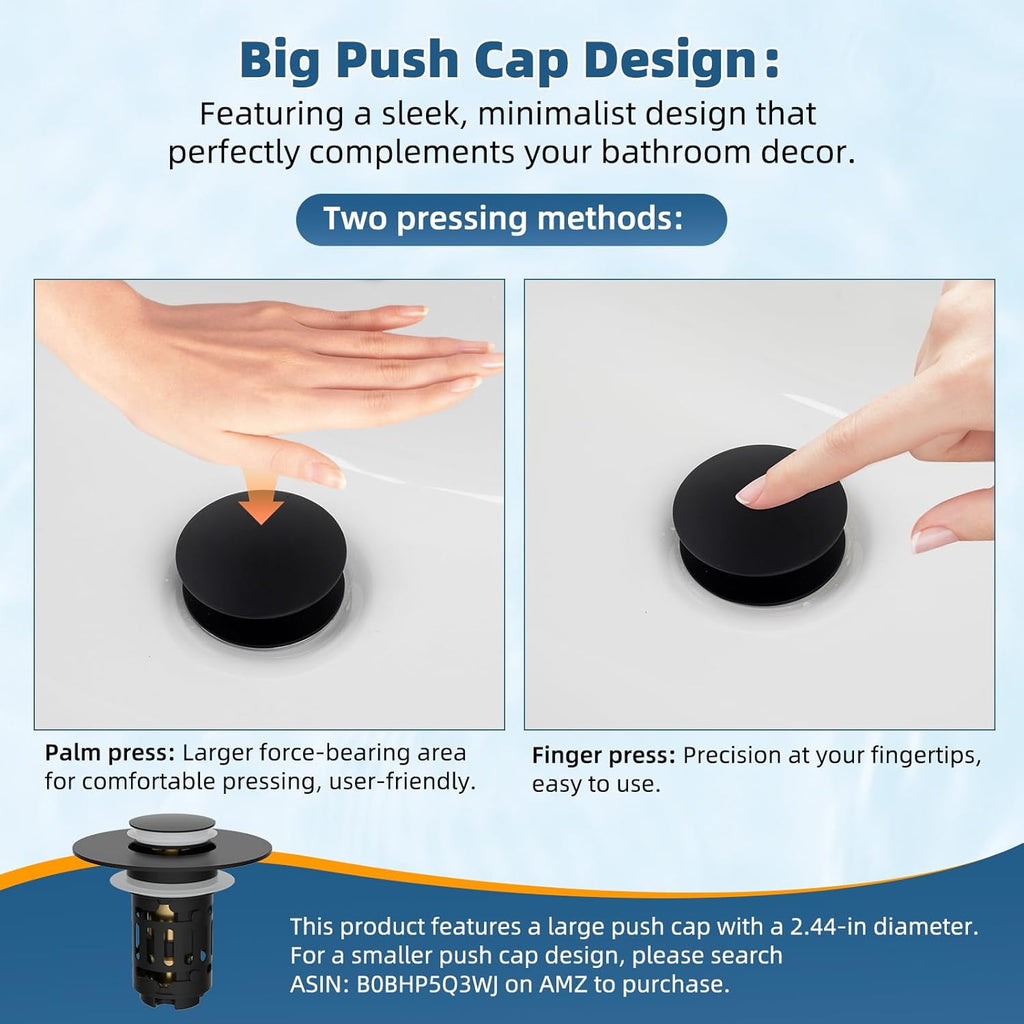 Hibbent 2 Pack Upgraded 3 in 1 Bathroom Sink Drain Strainer, Pop Up Sink Stopper with Big Push Cap, Anti-Clogging Metal Filter Basket,Sink Plug with Hair Catcher for 1.1''~2.36'' Basin, Matte Black