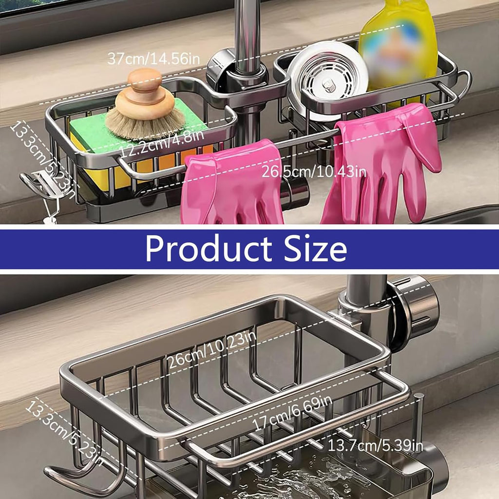 Kitchen Sink Faucet Organizer Multifunction Sponge Holder Organizer Sink Drain Holder Over Faucet Kitchen Sink Caddy with Hook Adjustable for 0.7-1.1inch Round Water Pipe (Black, B)