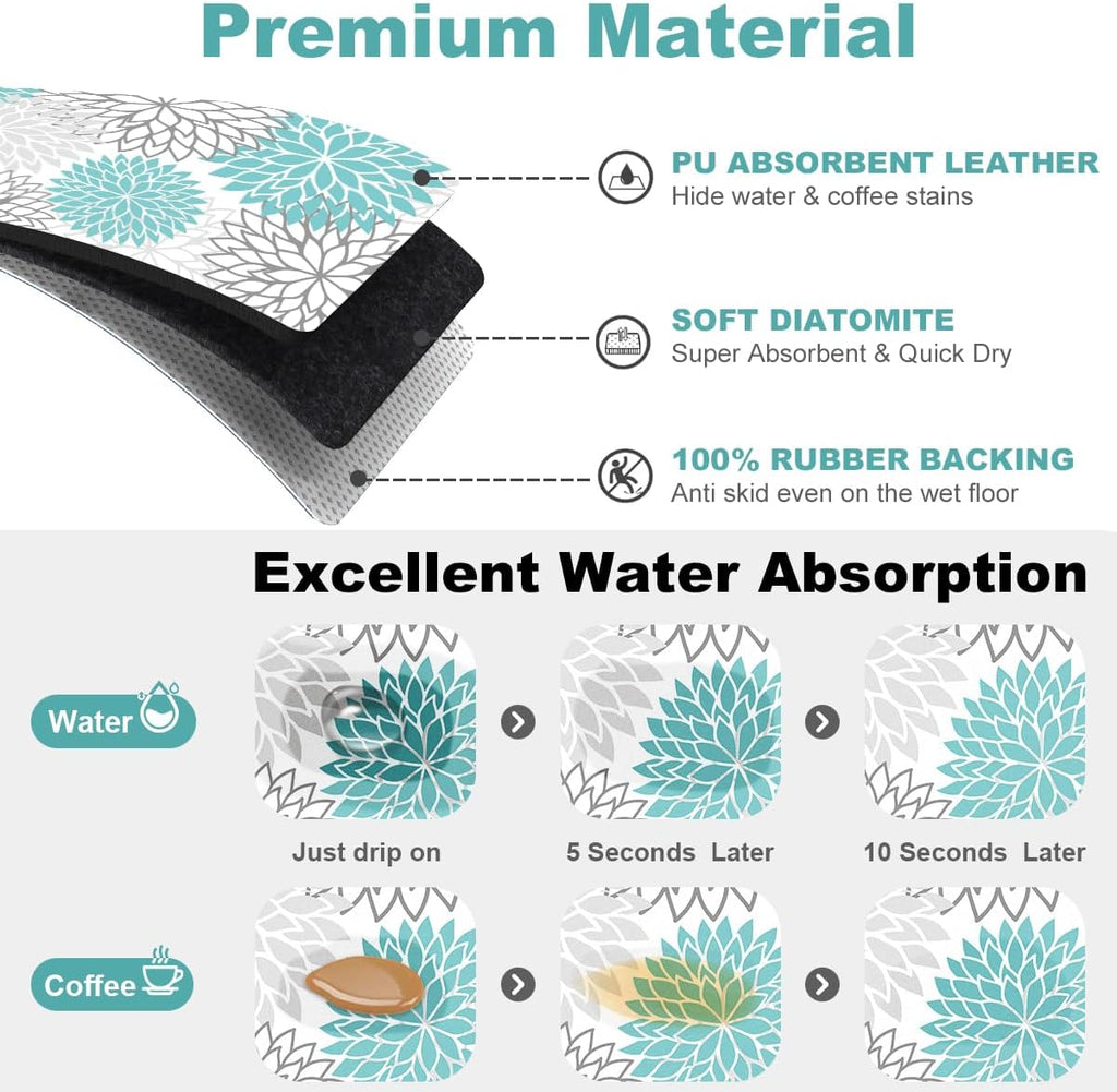 Findosom 2PCS 16" x 24" Dish Drying Mat & 24" x 5.5" Sink Splash Guard, Super Absorbent & Cuttable Dish Mat Drying Kitchen Mat with Teal Floral, Hide Stain Drying Mat for Kitchen Counter