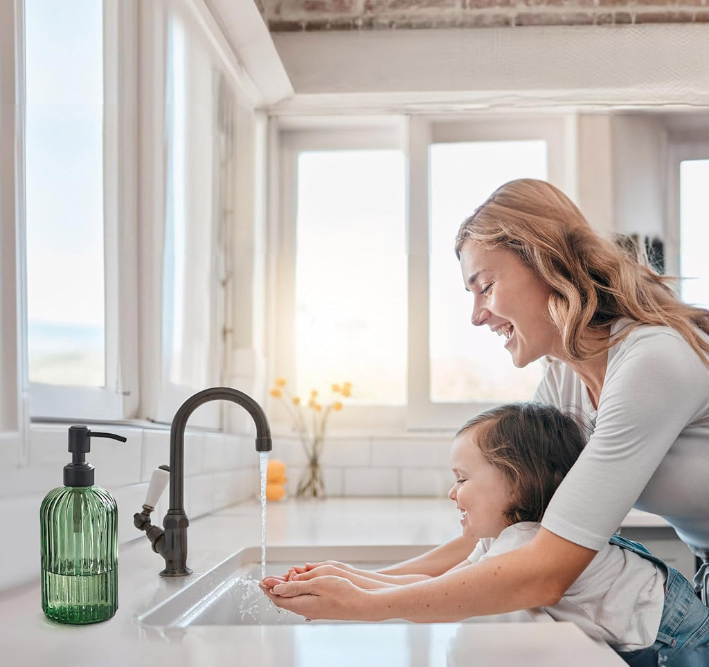 JASAI 18Oz Green Glass Soap Dispenser with Black Rust Proof Pump, Refillable Bathroom soap Dispenser with Thick Glass, Soap Dispenser Bathroom for Kitchen Dish soap, Hand Soap, Lotion, Body Wash.