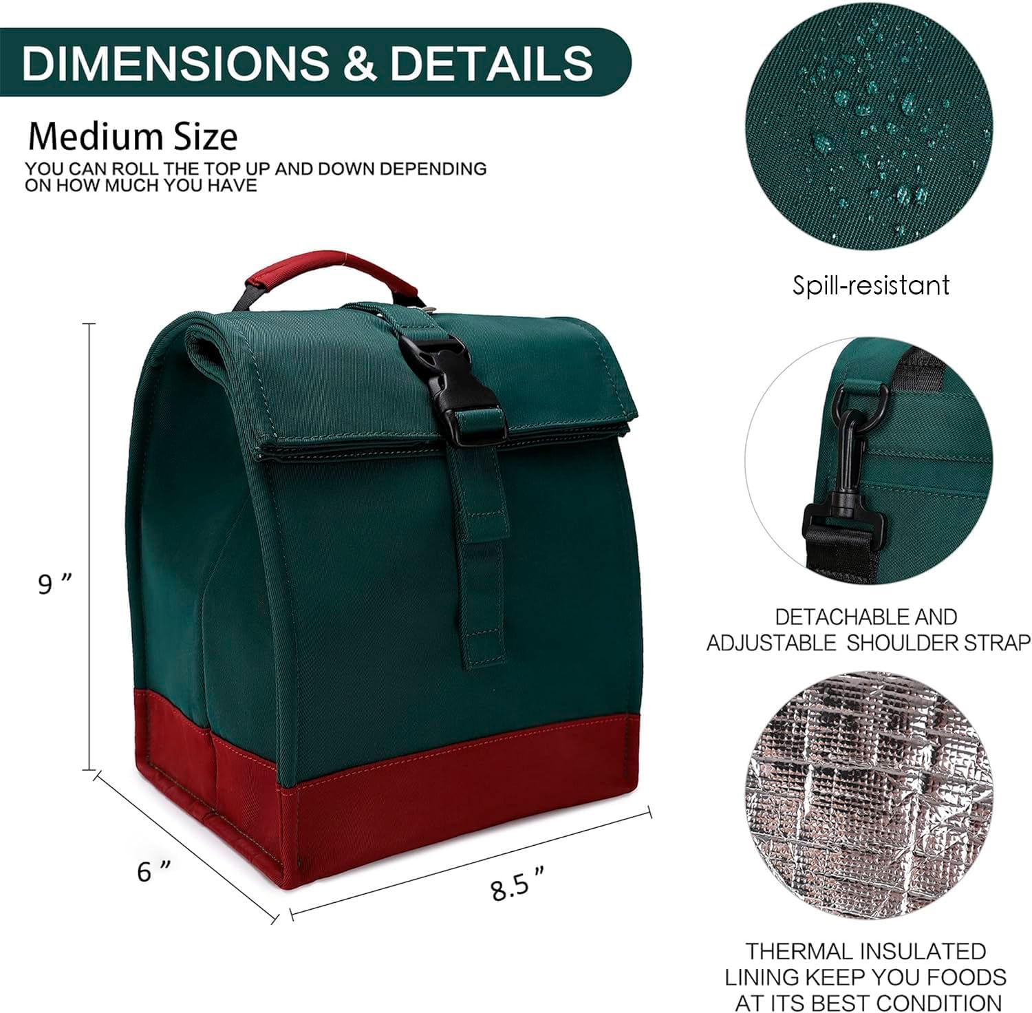 SUNNY BIRD Insulated Lunch Bag Rolltop Lunch Box Tote Lunchbox Bag for Women, Men, Adults and Teens (Green)