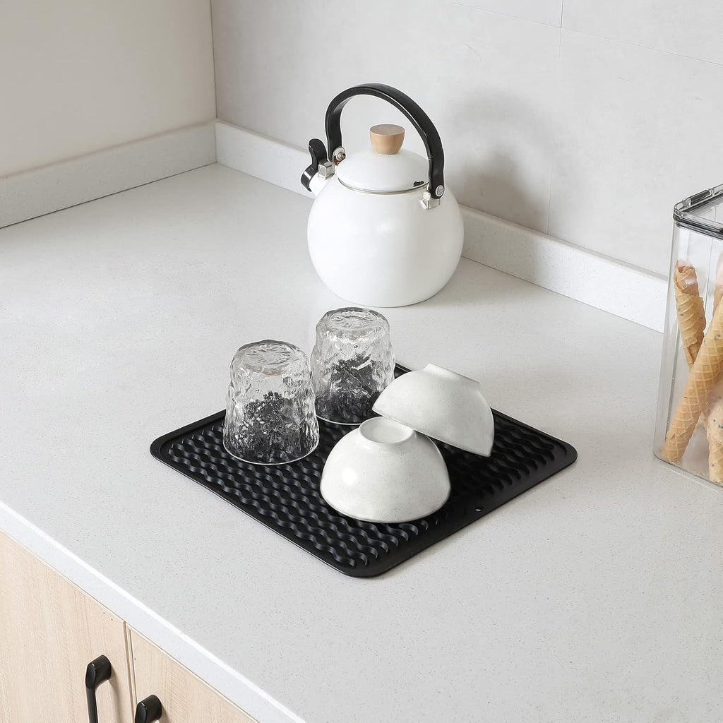 Silicone Dish Drying Mat for Multiple Usage,Easy clean,Eco-friendly,Heat-resistant Silicone Mat for Kitchen Counter or Sink,Refrigerator or Drawer liner Black M 12 inches x 12 inches