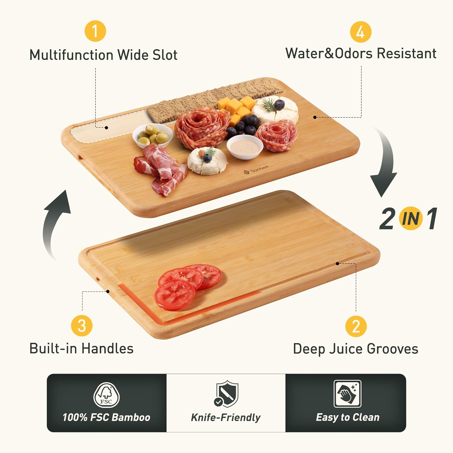Bamboo Cutting Board Natural Non Toxic Chopping Wood Cutting Board With Juice Grooves Knife-Friendly Finish For Versatile Kitchen Use Ideal Charcuterie & Chopping Large Multi-Use New Home Must Haves