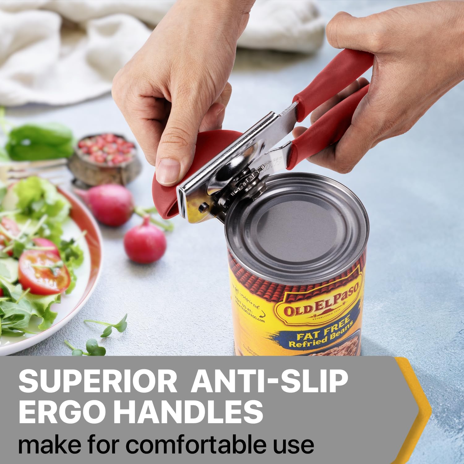 Can Opener Manual Heavy Duty, UHIYEE Hand Held Can Openers for Seniors with Comfort Grip Sharp Blade, Solid Steel Hand Manual Can Open with Magnet for Kitchen Camping, Red