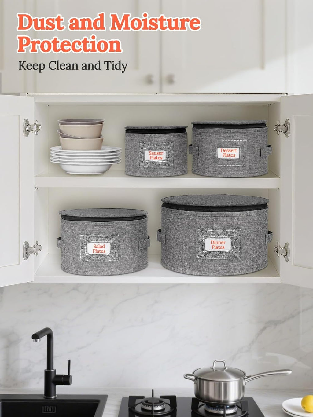 China Storage Containers, 4 Piece Rigid-Shell Dinnerware Storage with Felt Dividers, Stackable Fine China Storage for Plates, Bowls, Glassware, Kitchen Dish Organizer for Moving