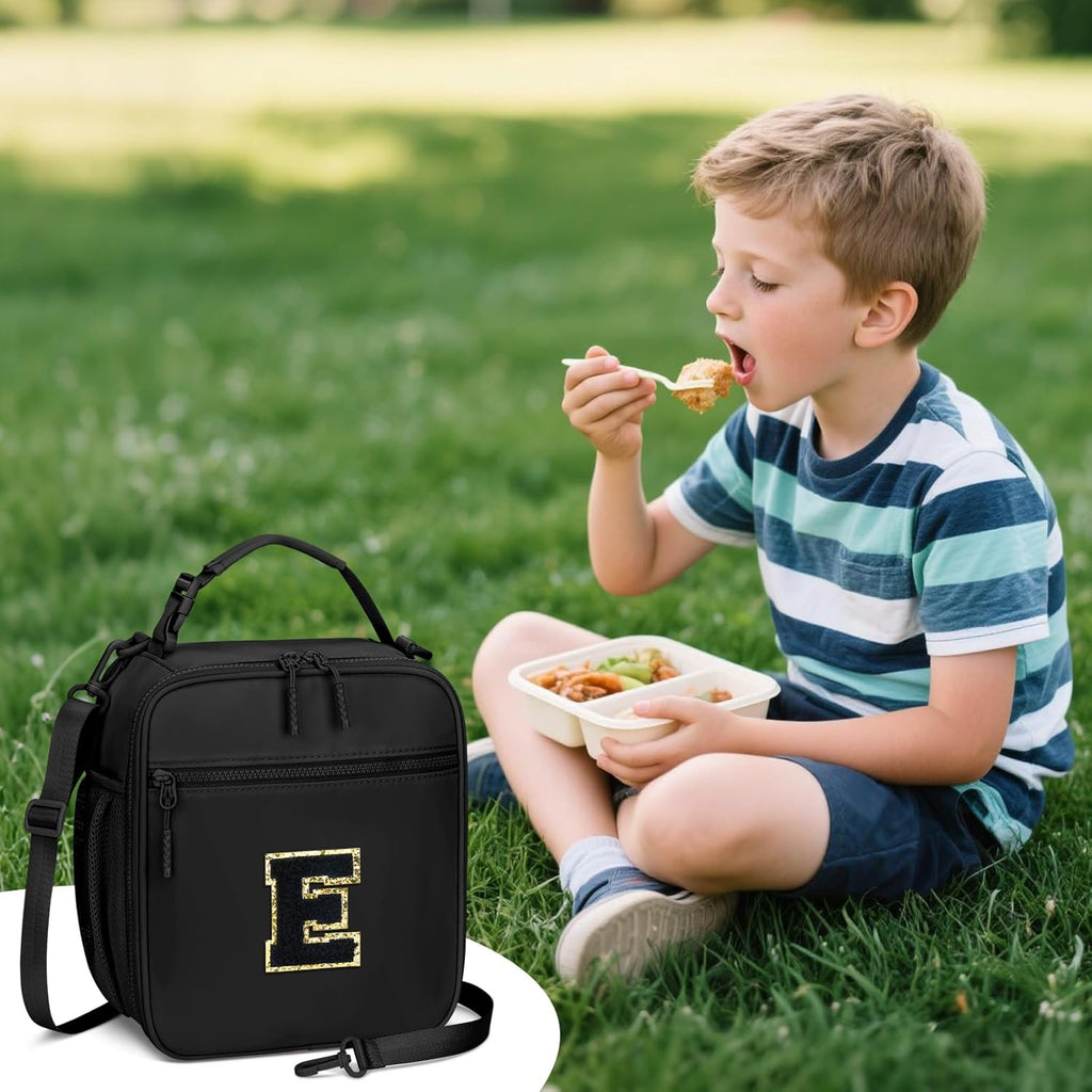 Initial Insulated Lunch Bag for Boys Kids, Back to School Gift, Reusable Leak-proof Lunch Box with Adjustable Strap for School Daycare Travel Picnic（Black，E）