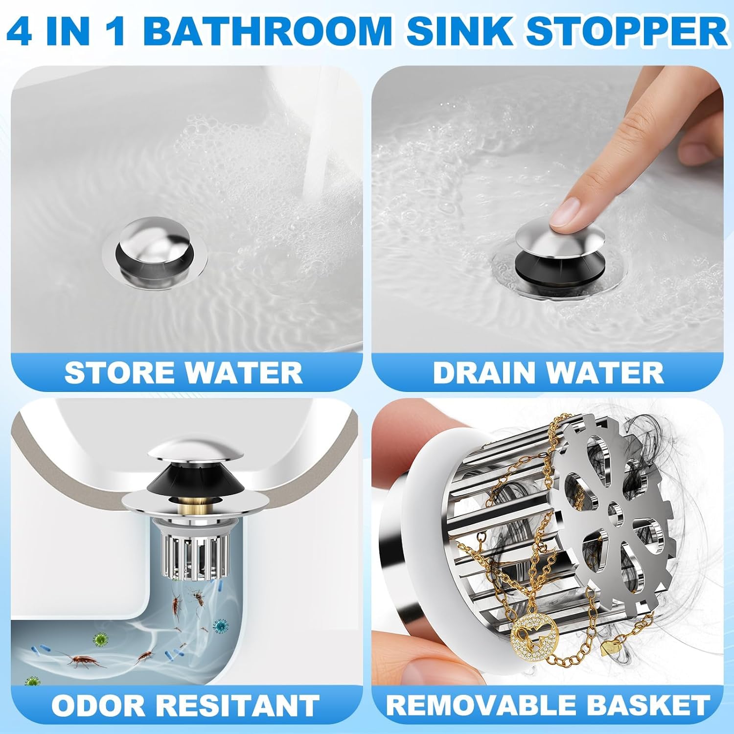 Universal 4 in 1 Bathroom Sink Drain Strainer with Removable Filter Basket, Pop Up Pure Copper Bathroom Sink Stopper, Anti-Clogging Bathroom Drain Stopper Sink Plug